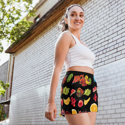 Unisex athletic shorts with a vibrant Juicy Fruit Fusion print, featuring all-over colorful fruit design on white fabric.