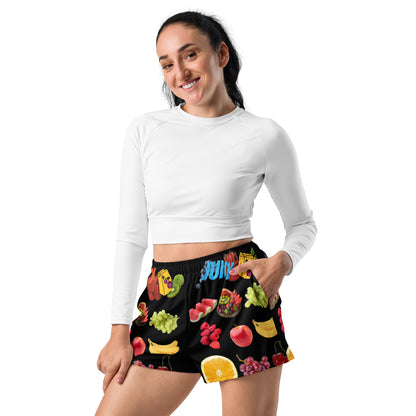 Unisex athletic shorts with all-over Juicy Fruit Fusion print featuring colorful fruit designs on white fabric.