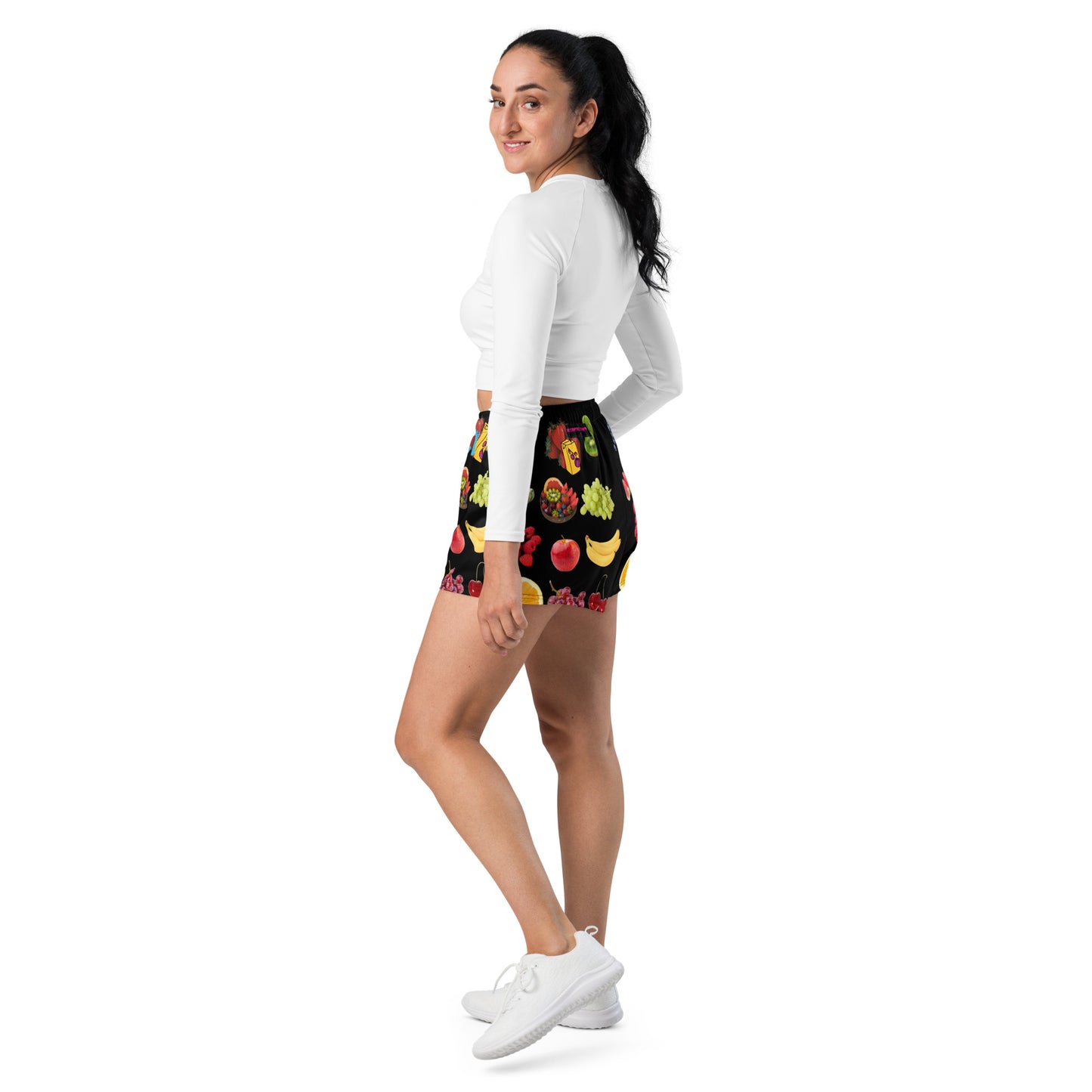 Unisex athletic shorts with a Juicy Fruit Fusion Experiment all-over print, featuring colorful, playful design on white fabric.