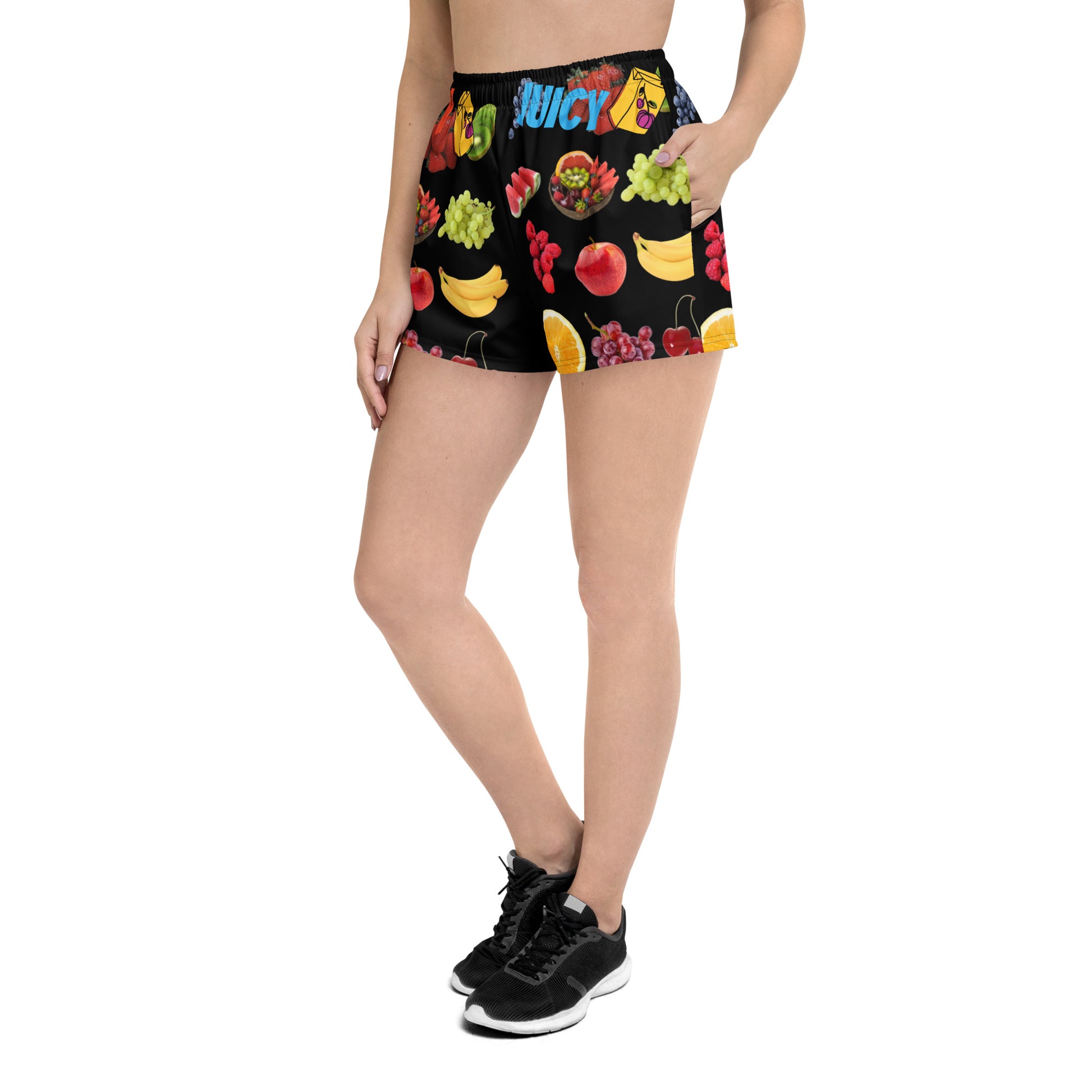 All-over white unisex athletic shorts with colorful Juicy Fruit Fusion print from Eccentric Chemistry's Tiny Shop of T-Shirt Horrors.