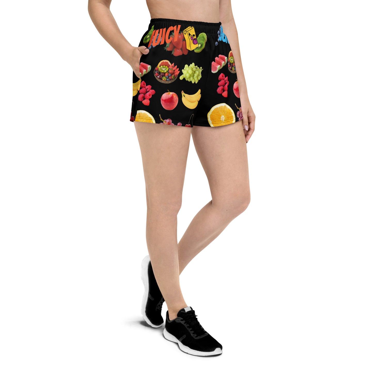 Unisex athletic shorts with a vibrant Juicy Fruit Fusion print, featuring colorful all-over fruit design on white fabric.