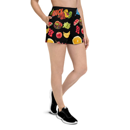 Unisex athletic shorts with a vibrant Juicy Fruit Fusion print, featuring colorful all-over fruit design on white fabric.