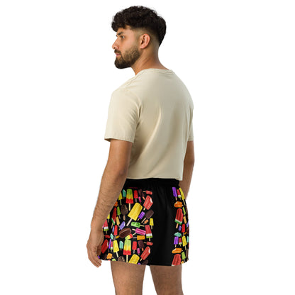 Unisex athletic shorts with all-over popsicle print, white background, featuring a stylish, vibrant design from Eccentric Chemistry.