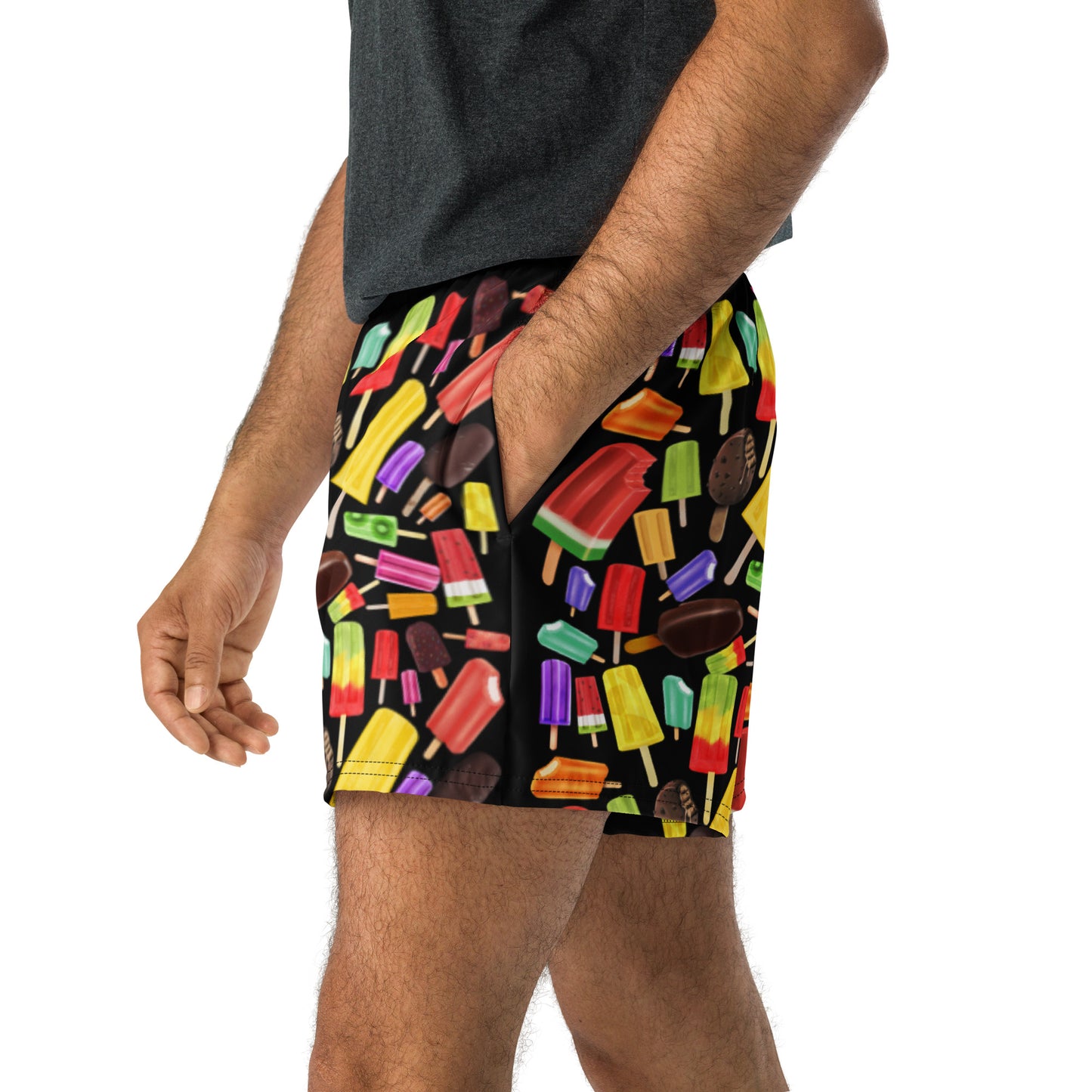 Unisex athletic shorts with all-over Popsicle‑Perfect Tush print, featuring vibrant colors on white fabric from Eccentric Chemistry.