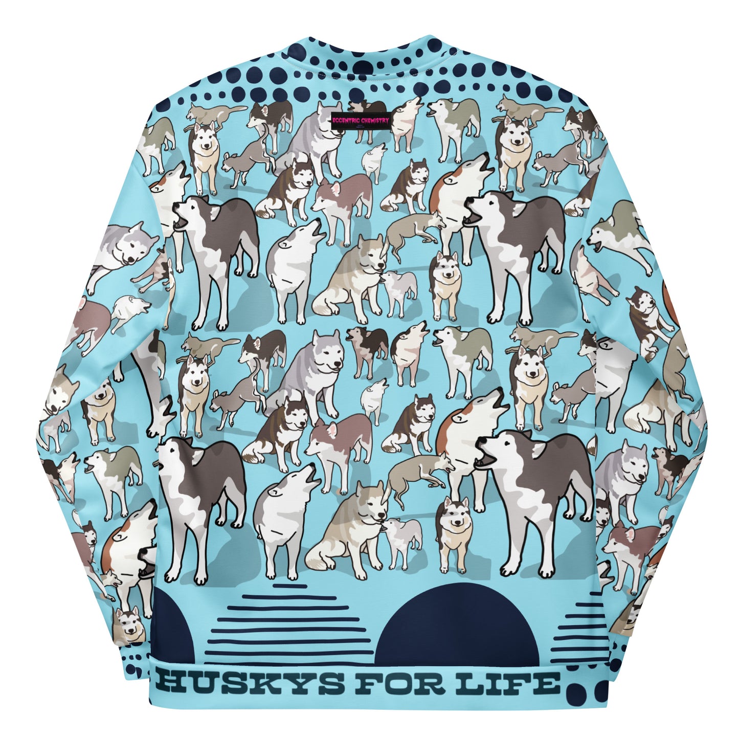 Unisex white bomber jacket with all-over Husky Legacy Experiment print from Eccentric Chemistry's CUT-SEW collection.