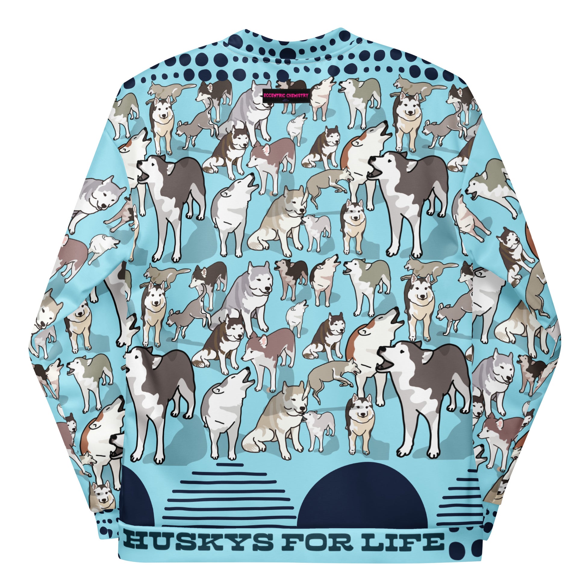 Unisex white bomber jacket with all-over Husky Legacy Experiment print from Eccentric Chemistry's CUT-SEW collection.