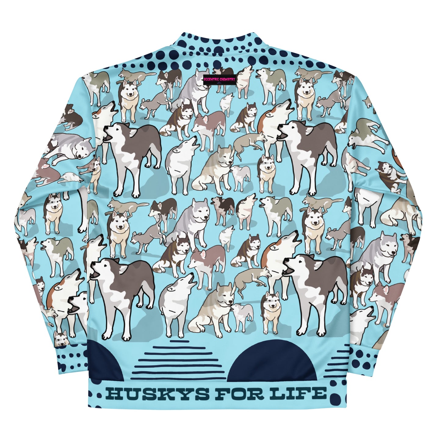 Unisex white bomber jacket with all-over Husky Legacy Experiment print from Eccentric Chemistry's CUT-SEW collection