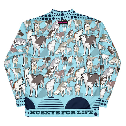 Unisex white bomber jacket with all-over Husky Legacy Experiment print from Eccentric Chemistry's CUT-SEW collection
