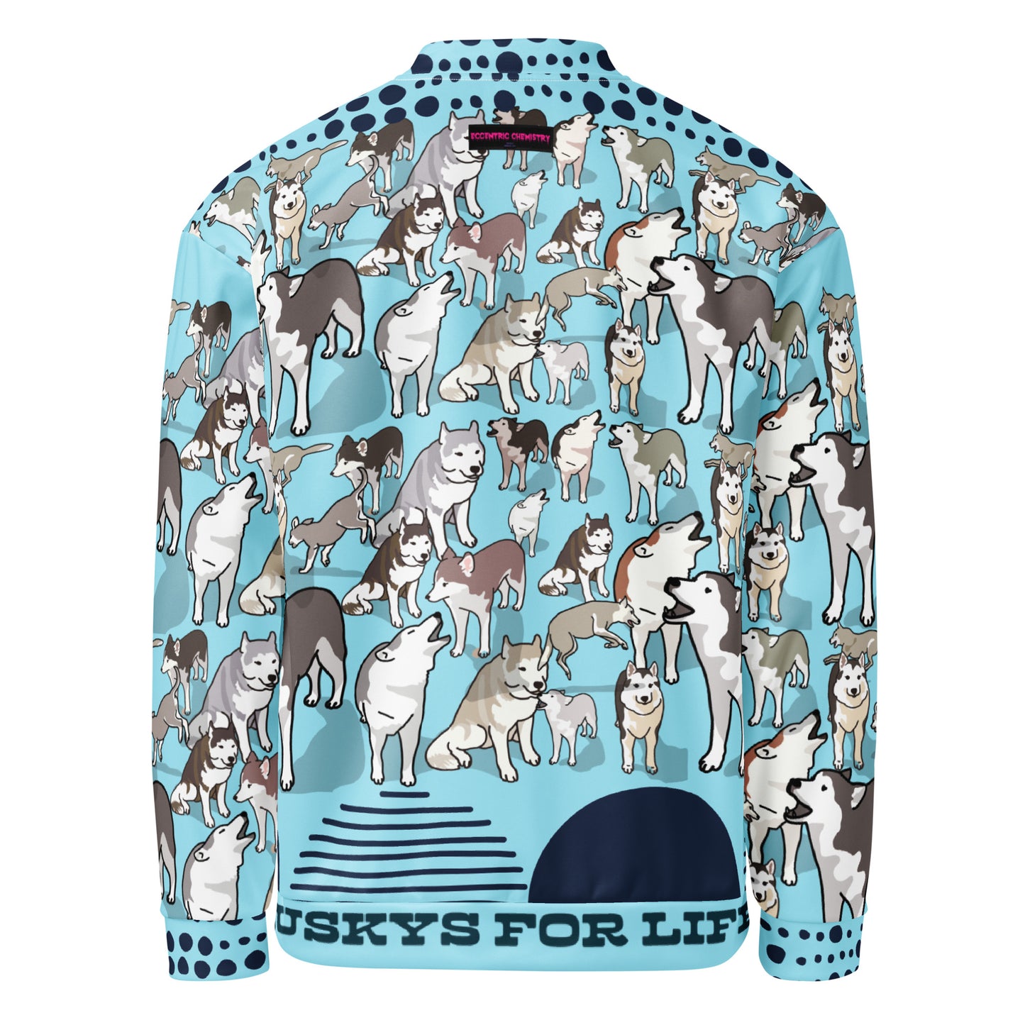 Unisex white bomber jacket with all-over print from Eccentric Chemistry’s Husky Legacy Experiment collection, featuring unique, artistic design.