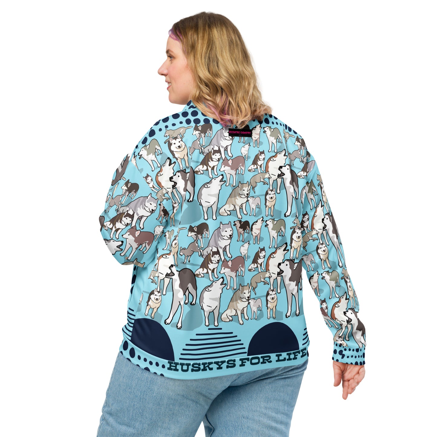 Unisex white bomber jacket with all-over Husky Legacy Experiment print from Eccentric Chemistry's CUT-SEW collection.