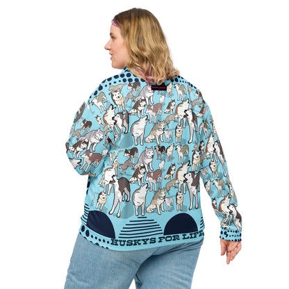 Unisex white bomber jacket with all-over Husky Legacy Experiment print from Eccentric Chemistry's CUT-SEW collection.