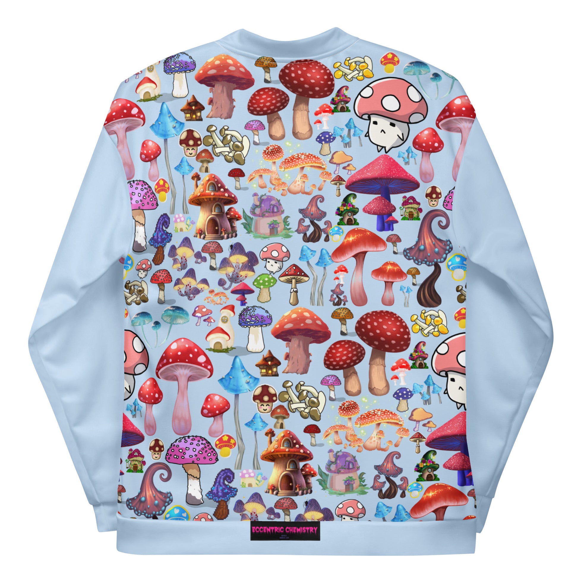 Unisex white bomber jacket with all-over psychedelic fungal print from Eccentric Chemistry's Trippy Fungal Forecast collection.