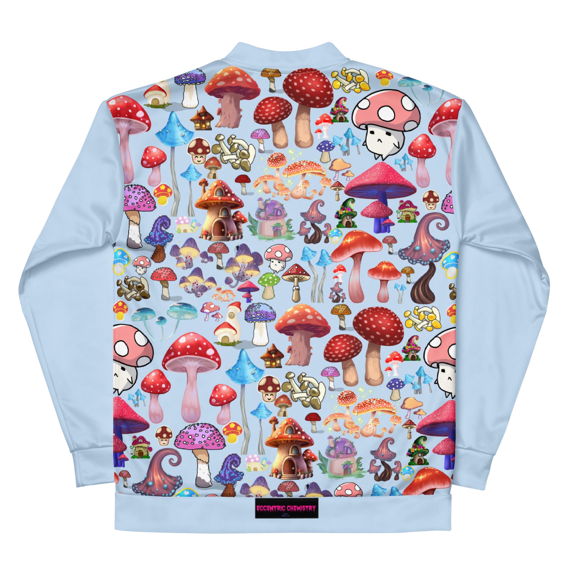 Unisex white bomber jacket with all-over trippy fungal forecast experiment print from Eccentric Chemistry's CUT-SEW collection.