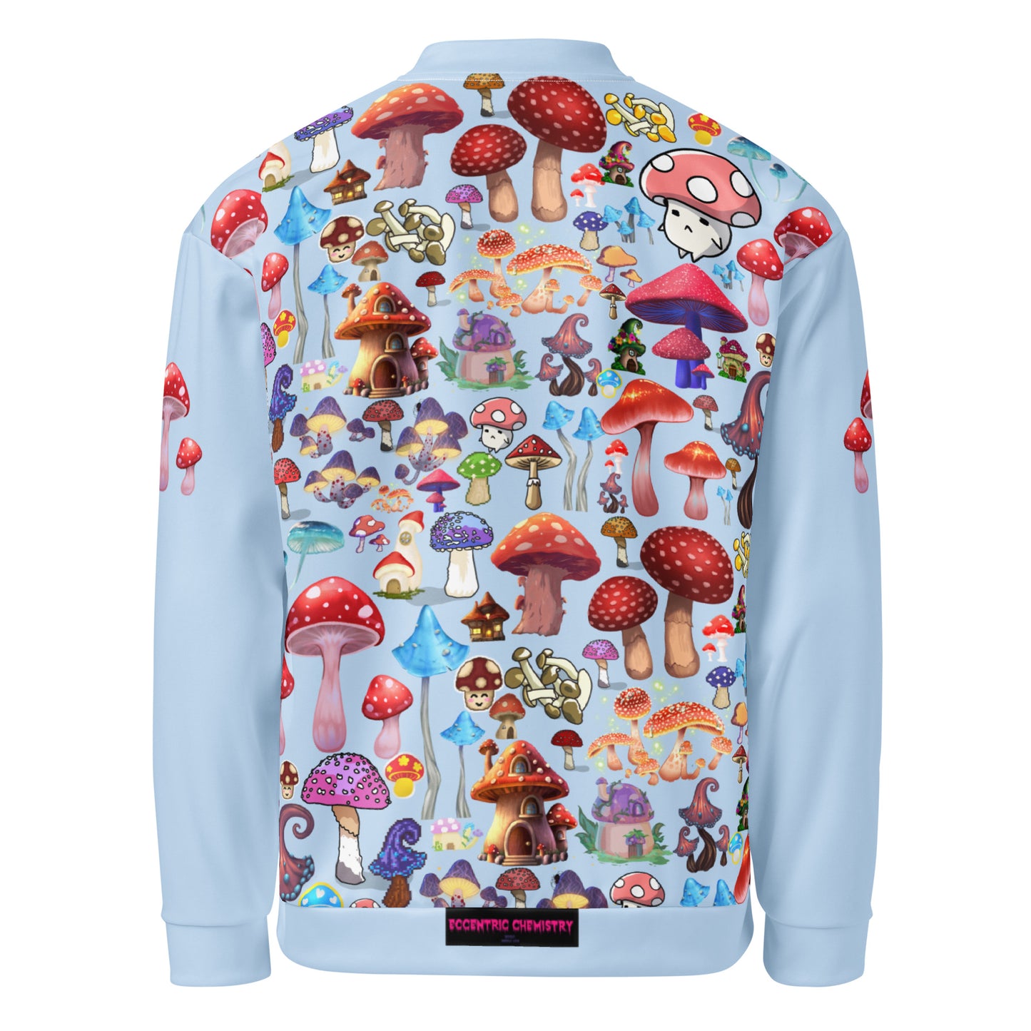 Unisex white bomber jacket with all-over trippy fungal print by Eccentric Chemistry’s Laboratory of Strange & Stylish Things.
