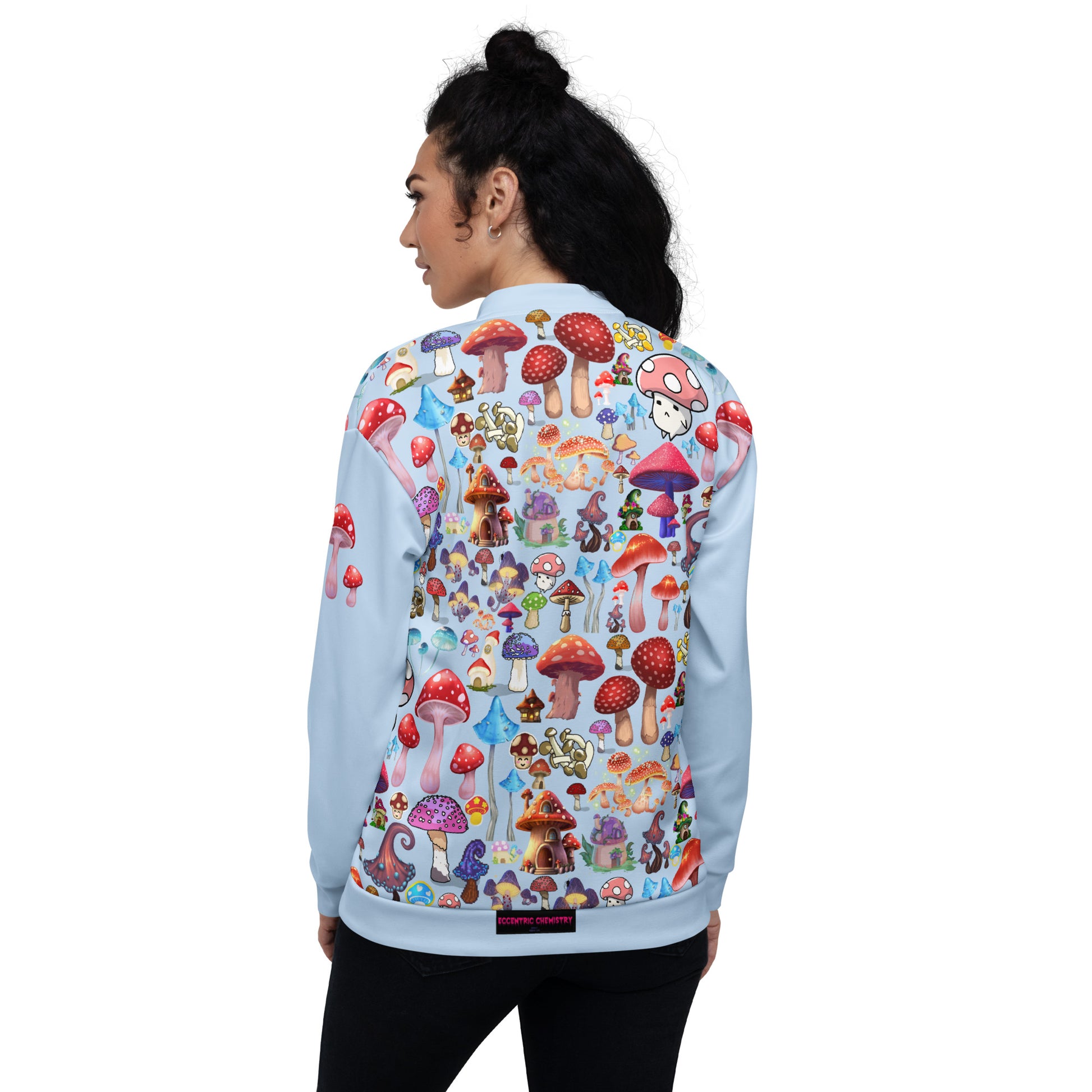 Unisex bomber jacket by Eccentric Chemistry with trippy fungal print, all-over white design, stylish and experimental cut-sew apparel.