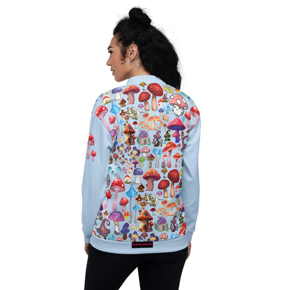 Unisex bomber jacket by Eccentric Chemistry with trippy fungal print, all-over white design, stylish and experimental cut-sew apparel.