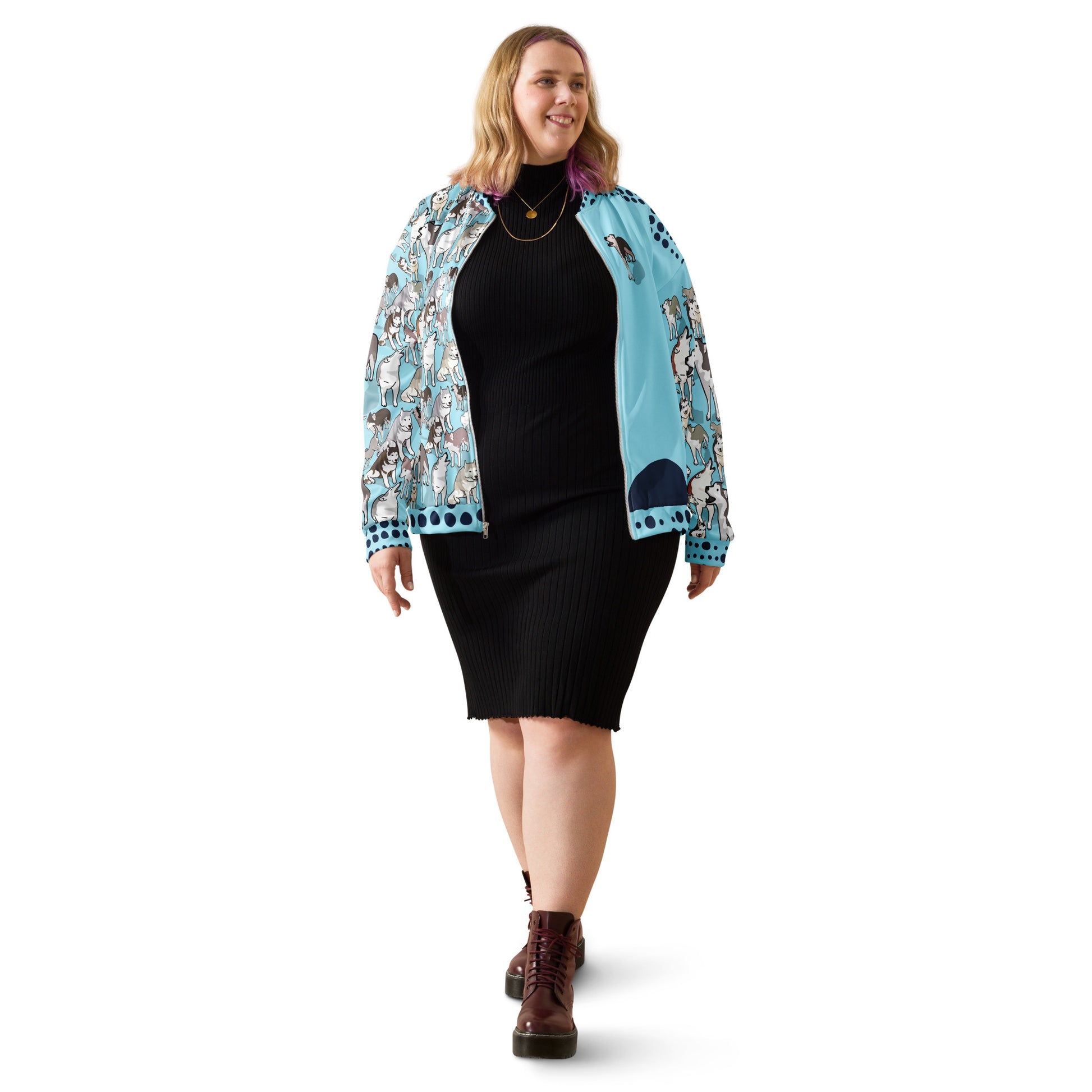 All-over-print white unisex bomber jacket from Eccentric Chemistry's Husky Legacy Experiment collection, featuring a stylish cut-sew design.