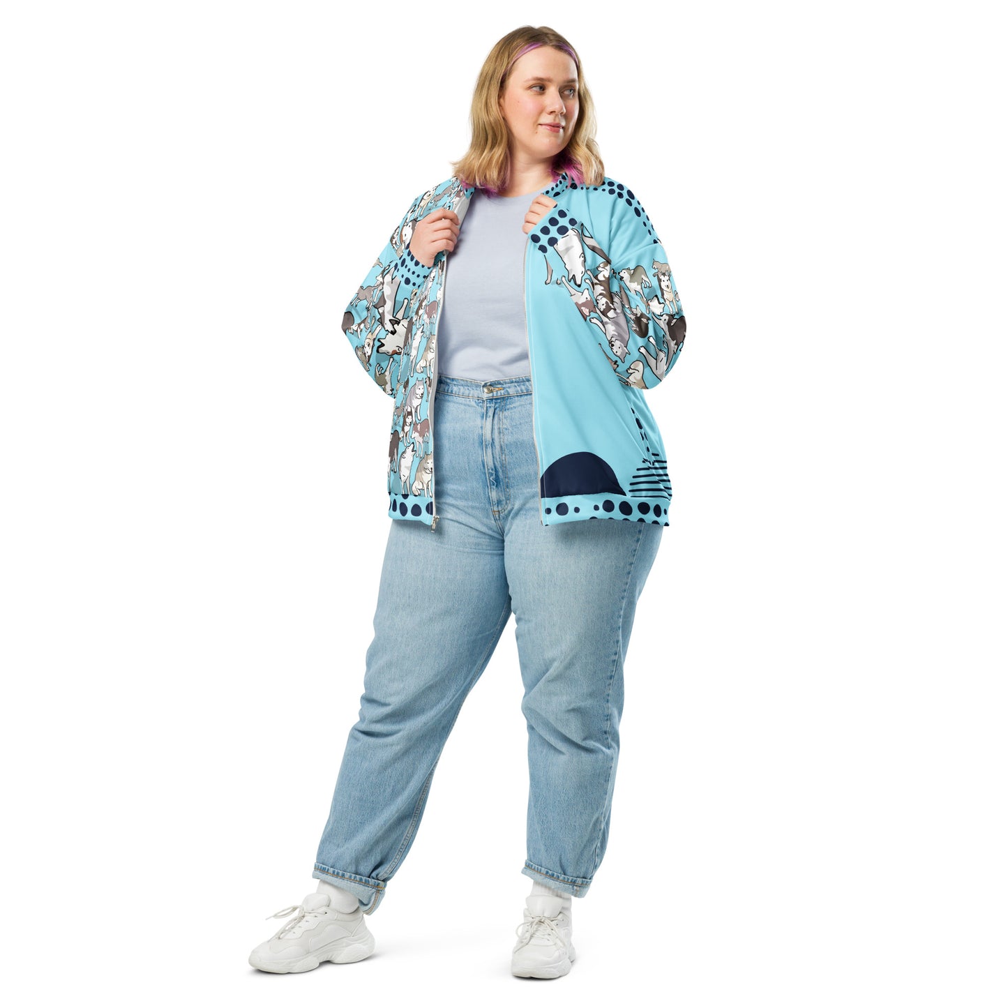 Unisex white bomber jacket with all-over Husky Legacy Experiment print, stylish cut-sew design from Eccentric Chemistry Laboratory.