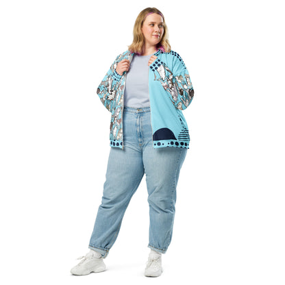 Unisex white bomber jacket with all-over Husky Legacy Experiment print, stylish cut-sew design from Eccentric Chemistry Laboratory.