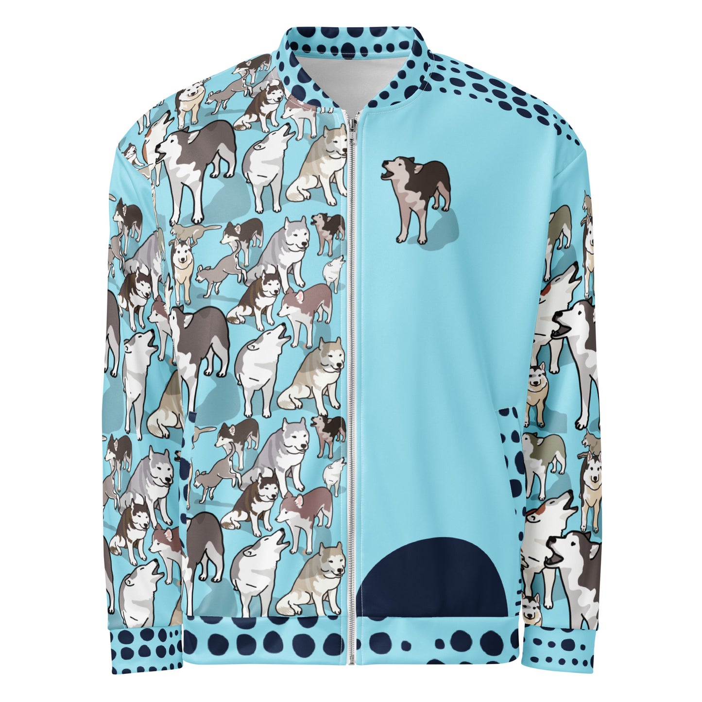 Unisex white bomber jacket with all-over Husky Legacy Experiment print, from Eccentric Chemistry's laboratory of strange and stylish clothing.
