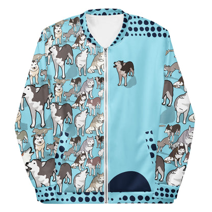 Unisex white bomber jacket with all-over Huskies and experimental print, made by Eccentric Chemistry’s Laboratory of Strange & Stylish Things.