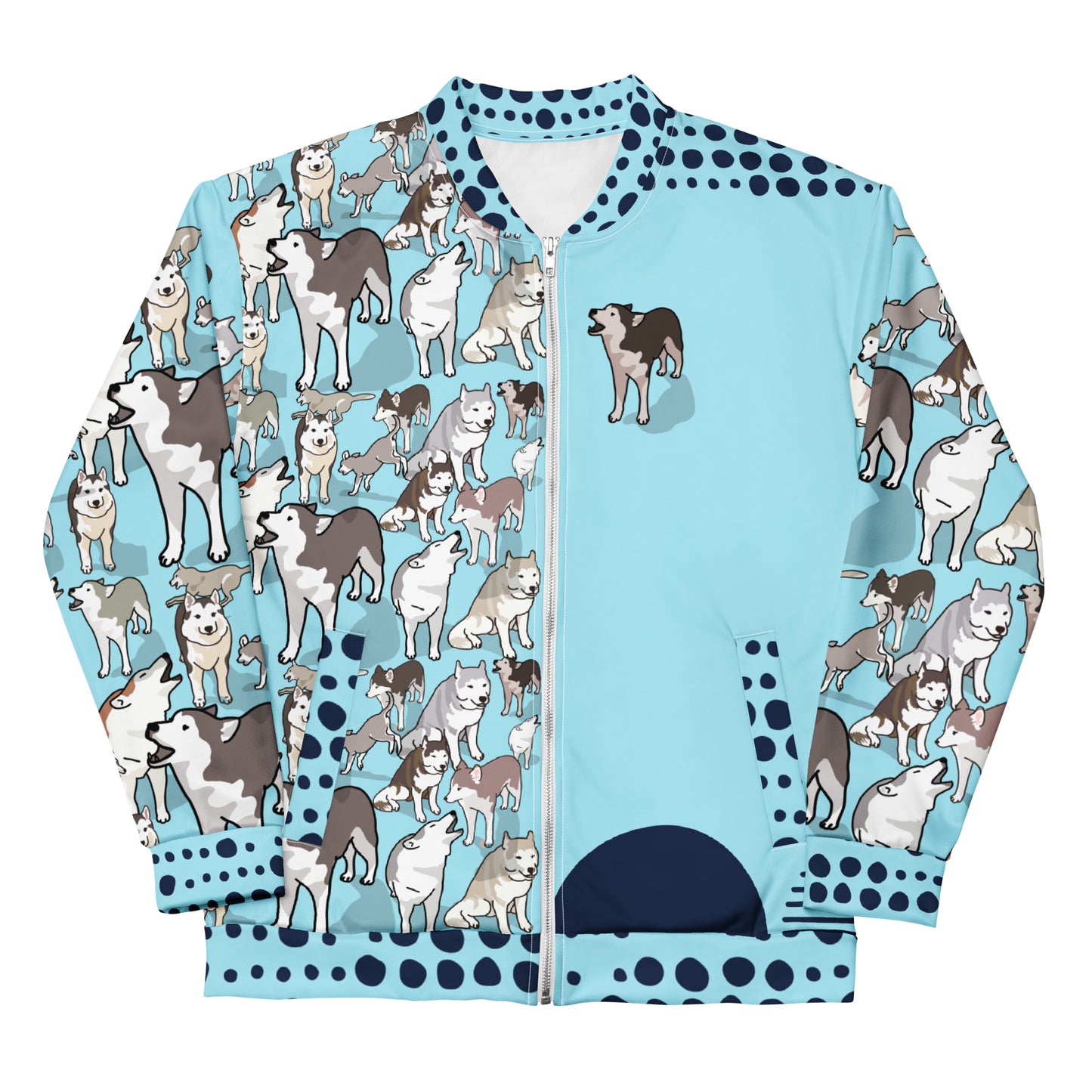 Unisex white bomber jacket with all-over Husky Legacy Experiment print by Eccentric Chemistry, showcasing front view of stylish cut-sew design