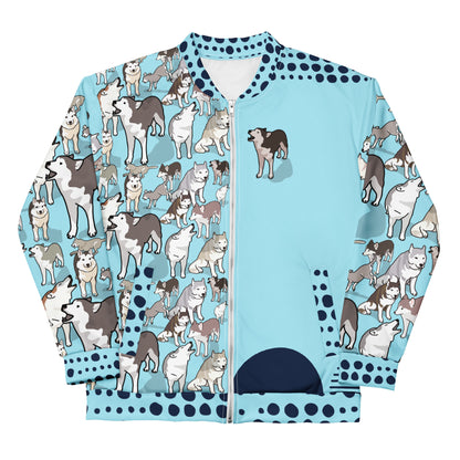 Unisex white bomber jacket with all-over Husky Legacy Experiment print by Eccentric Chemistry, showcasing front view of stylish cut-sew design