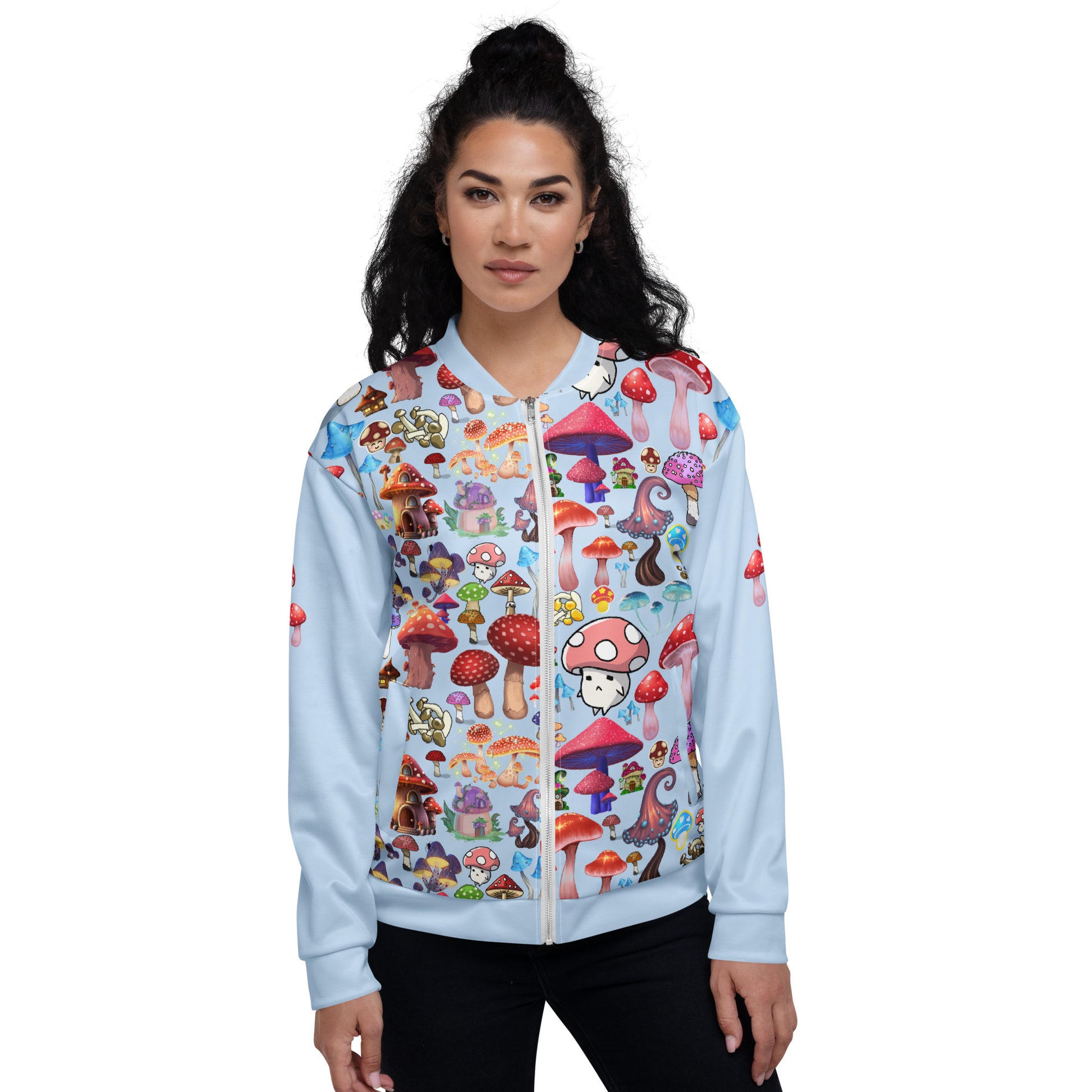 Unisex white bomber jacket with colorful trippy fungal and forecast-themed all-over print by Eccentric Chemistry's CUT-SEW collection.