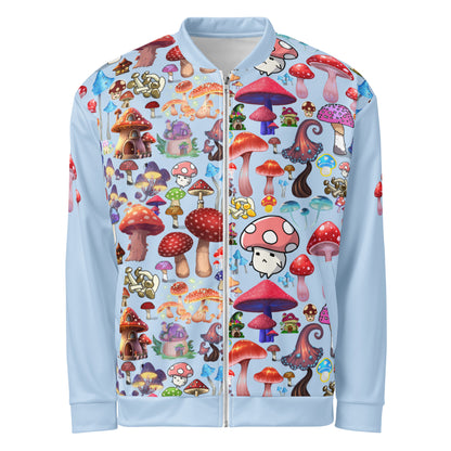 Unisex white bomber jacket with all-over trippy fungal forecast print, from Eccentric Chemistry’s Laboratory of Strange & Stylish Things.