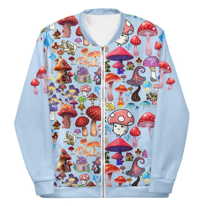 Unisex white bomber jacket with trippy fungal forecast print, featuring all-over colorful experimental design by Eccentric Chemistry.
