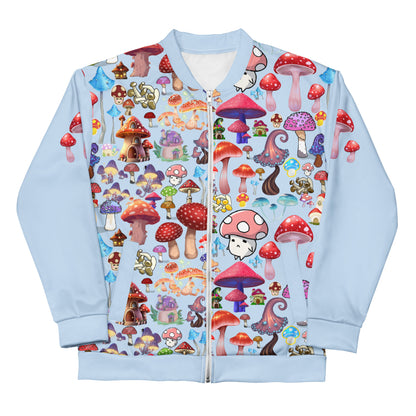 Unisex white bomber jacket with all-over trippy fungal forecast experiment print, casual streetwear by Eccentric Chemistry.