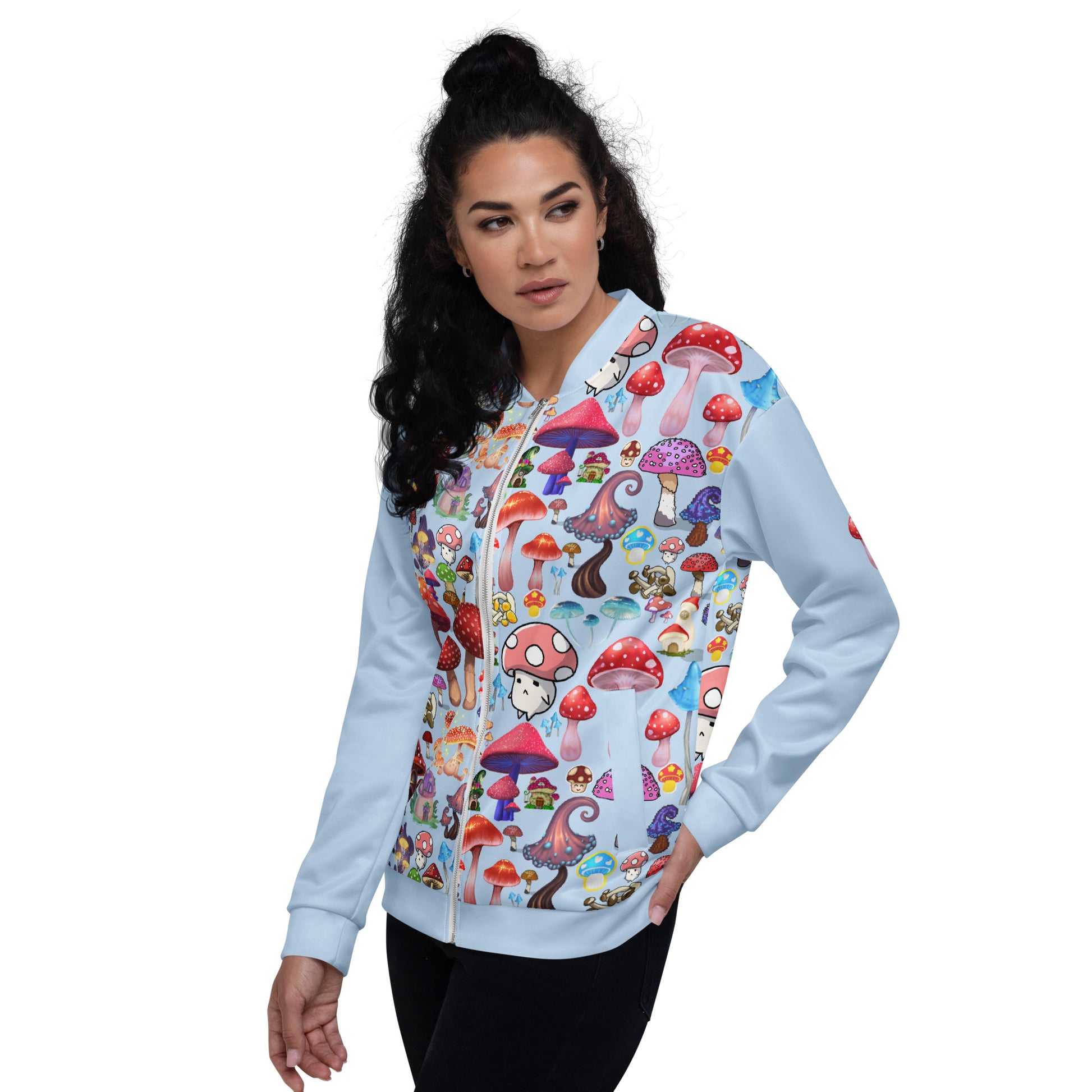 Unisex white bomber jacket with all-over trippy fungal forecast experiment print by Eccentric Chemistry's Laboratory of Strange & Stylish Things.