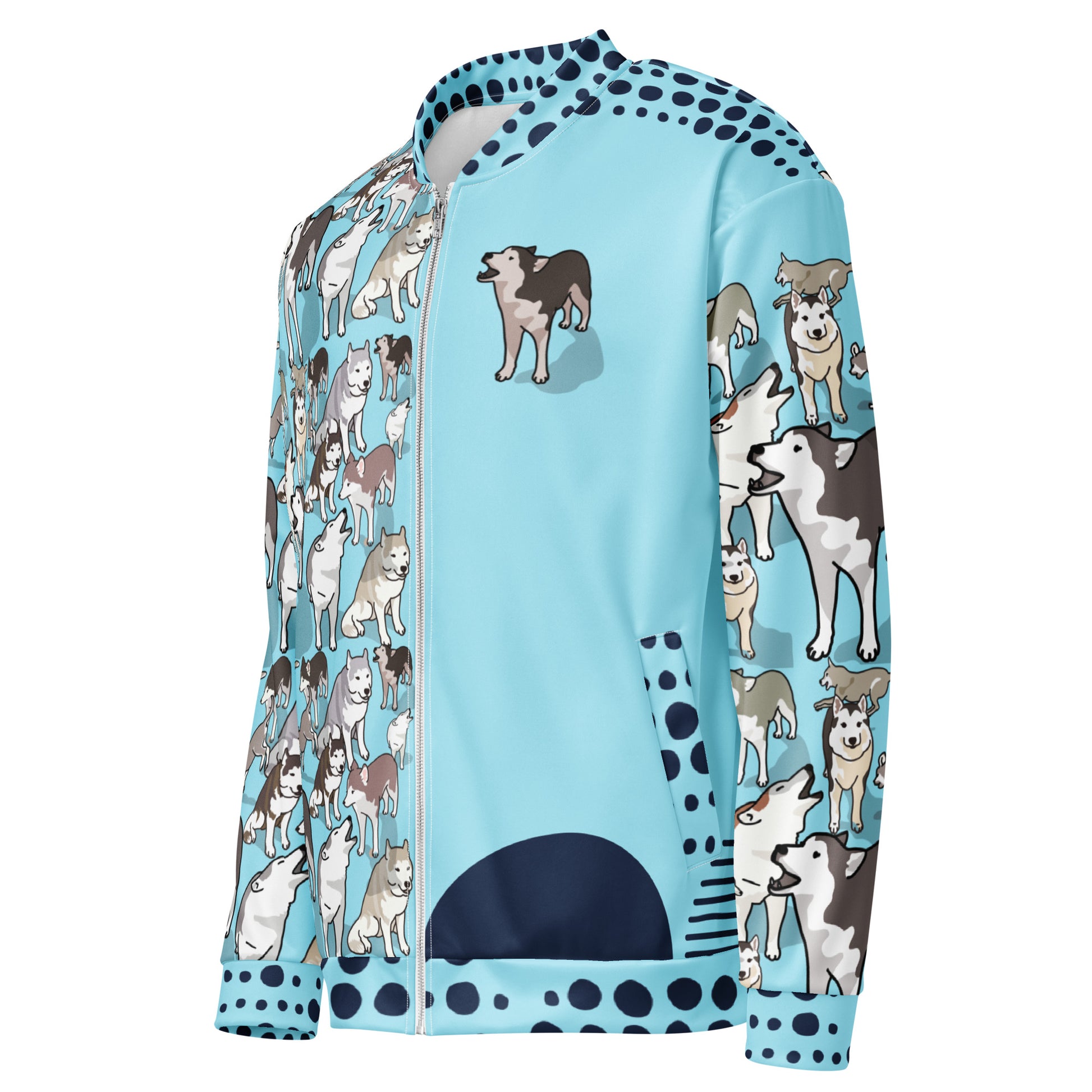 Unisex white bomber jacket with all-over Husky Legacy Experiment print from Eccentric Chemistry’s laboratory, front view.