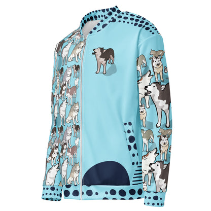 Unisex white bomber jacket with all-over Husky Legacy Experiment print from Eccentric Chemistry’s laboratory, front view.
