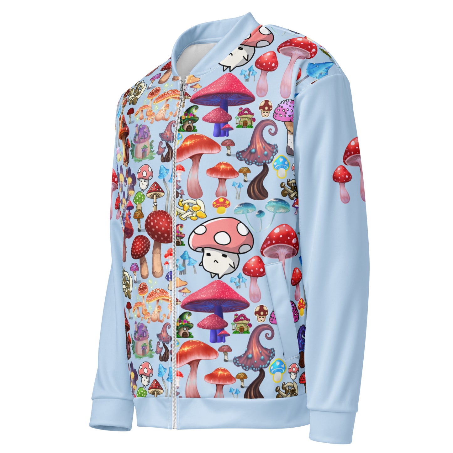 Unisex white bomber jacket with colorful trippy fungal forecast pattern, casual cut-sew style from Eccentric Chemistry’s Laboratory.