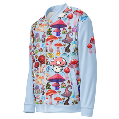 Unisex white bomber jacket with colorful trippy fungal forecast pattern, casual cut-sew style from Eccentric Chemistry’s Laboratory.