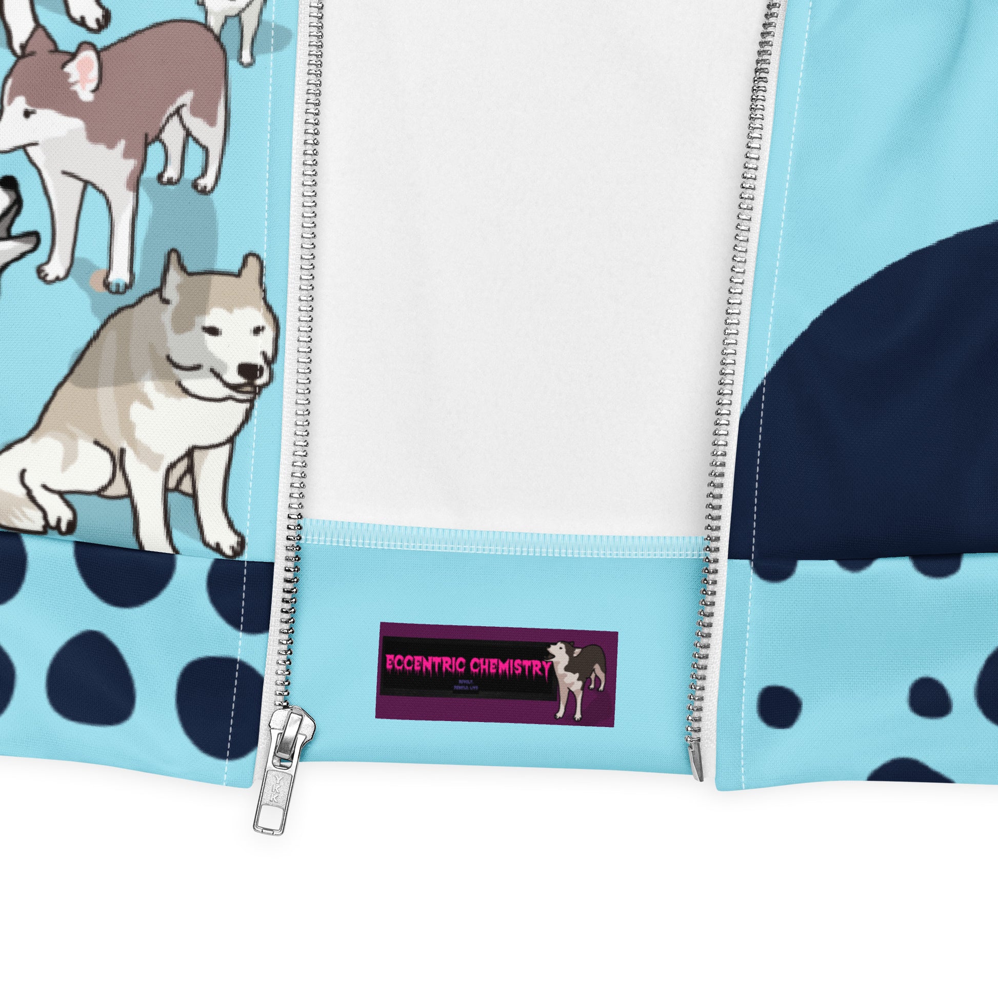 Unisex white bomber jacket with all-over print, from Eccentric Chemistry’s Husky Legacy Experiment collection, featuring a stylish cut-sew design.