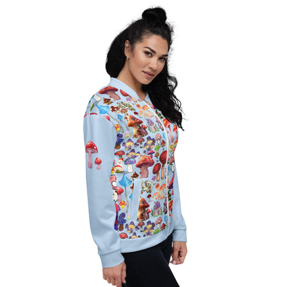 Unisex white bomber jacket with all-over trippy fungal forecast experiment print by Eccentric Chemistry, stylish and eye-catching.