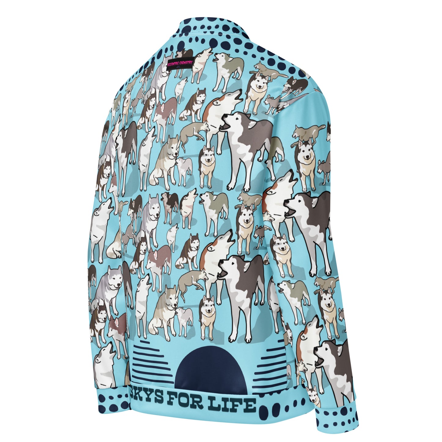 Unisex white bomber jacket with all-over Husky Legacy Experiment print from Eccentric Chemistry's CUT-SEW collection.