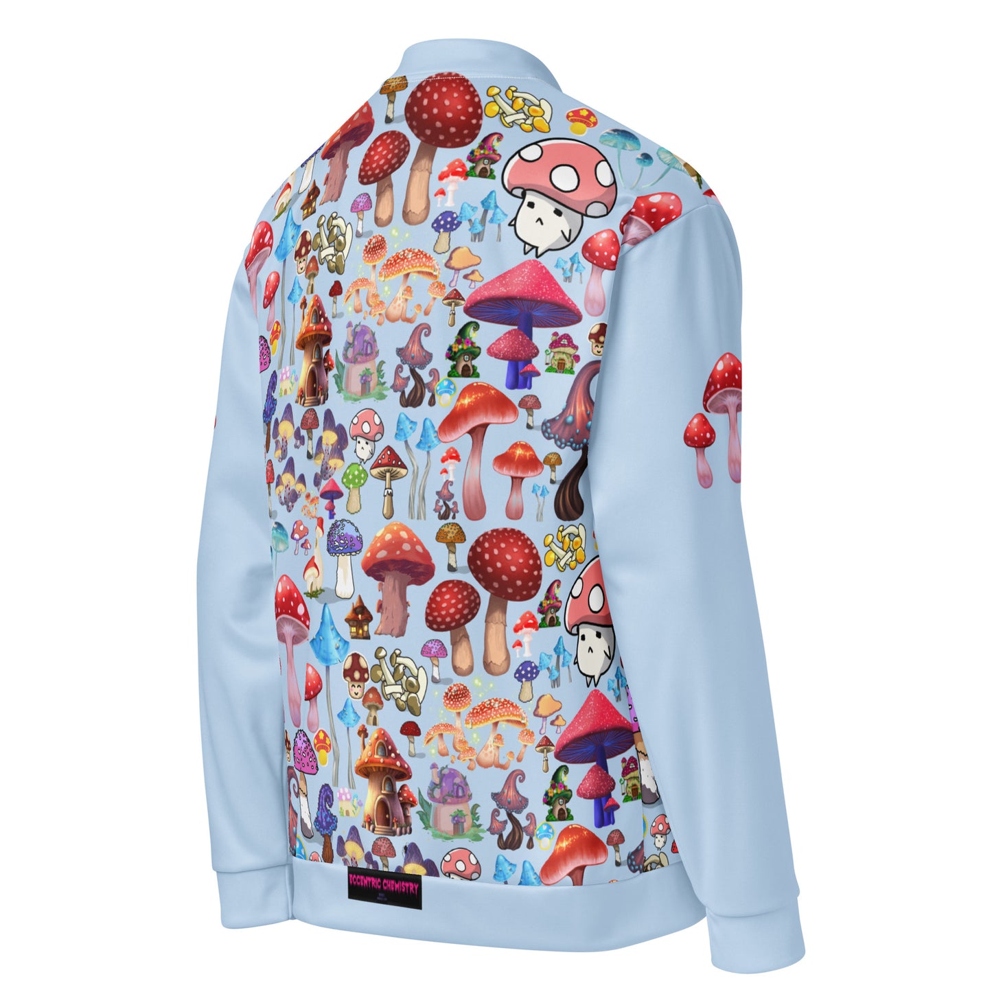 Unisex white bomber jacket with all-over psychedelic fungal forecast print from Eccentric Chemistry’s CUT-SEW collection.