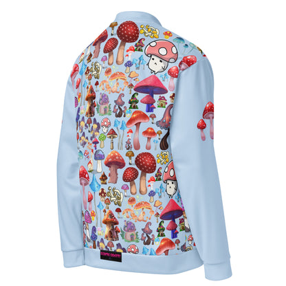 Unisex white bomber jacket with all-over psychedelic fungal forecast print from Eccentric Chemistry’s CUT-SEW collection.