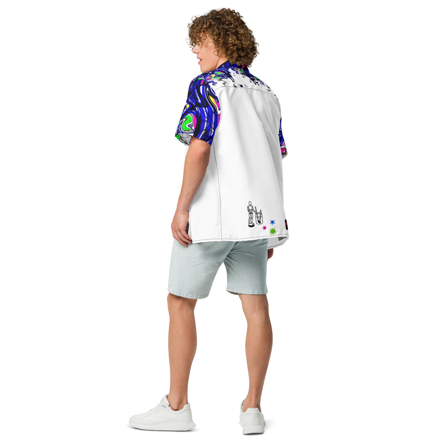 Unisex white button shirt featuring colorful chromatic splatter mutation pattern by Eccentric Chemistry's Tiny Shop of T-Shirt Horrors.