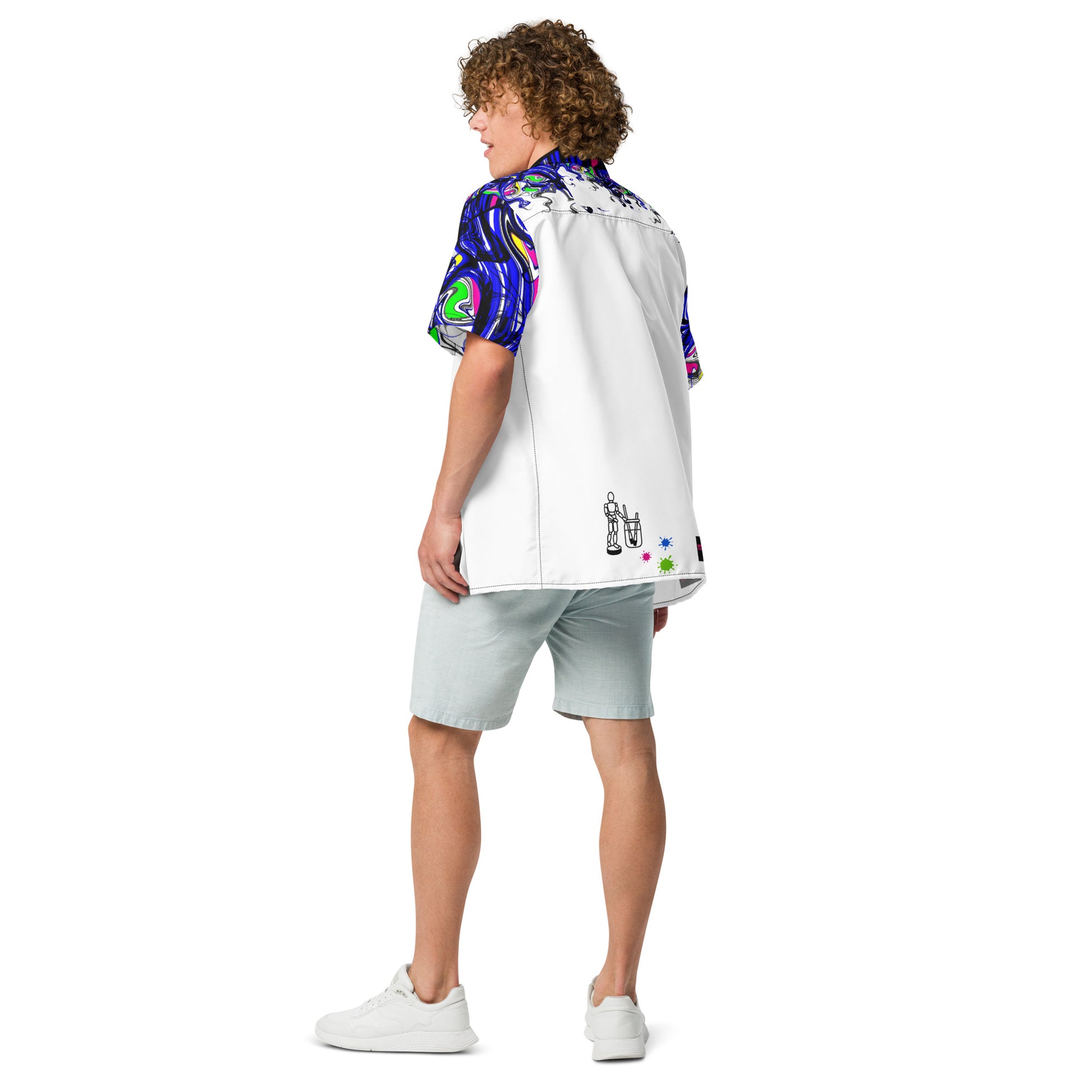 Unisex white button shirt featuring colorful chromatic splatter mutation pattern by Eccentric Chemistry's Tiny Shop of T-Shirt Horrors.