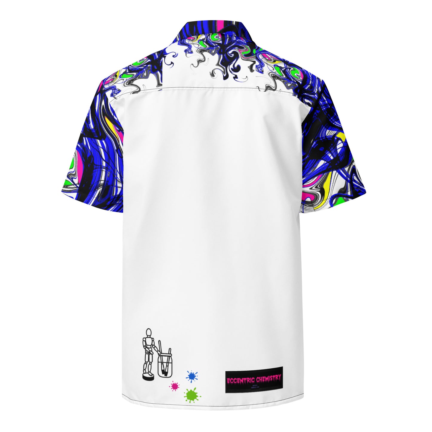 Unisex white button shirt featuring all-over chromatic splatter mutation design by Eccentric Chemistry's Tiny Shop of T-Shirt Horrors.