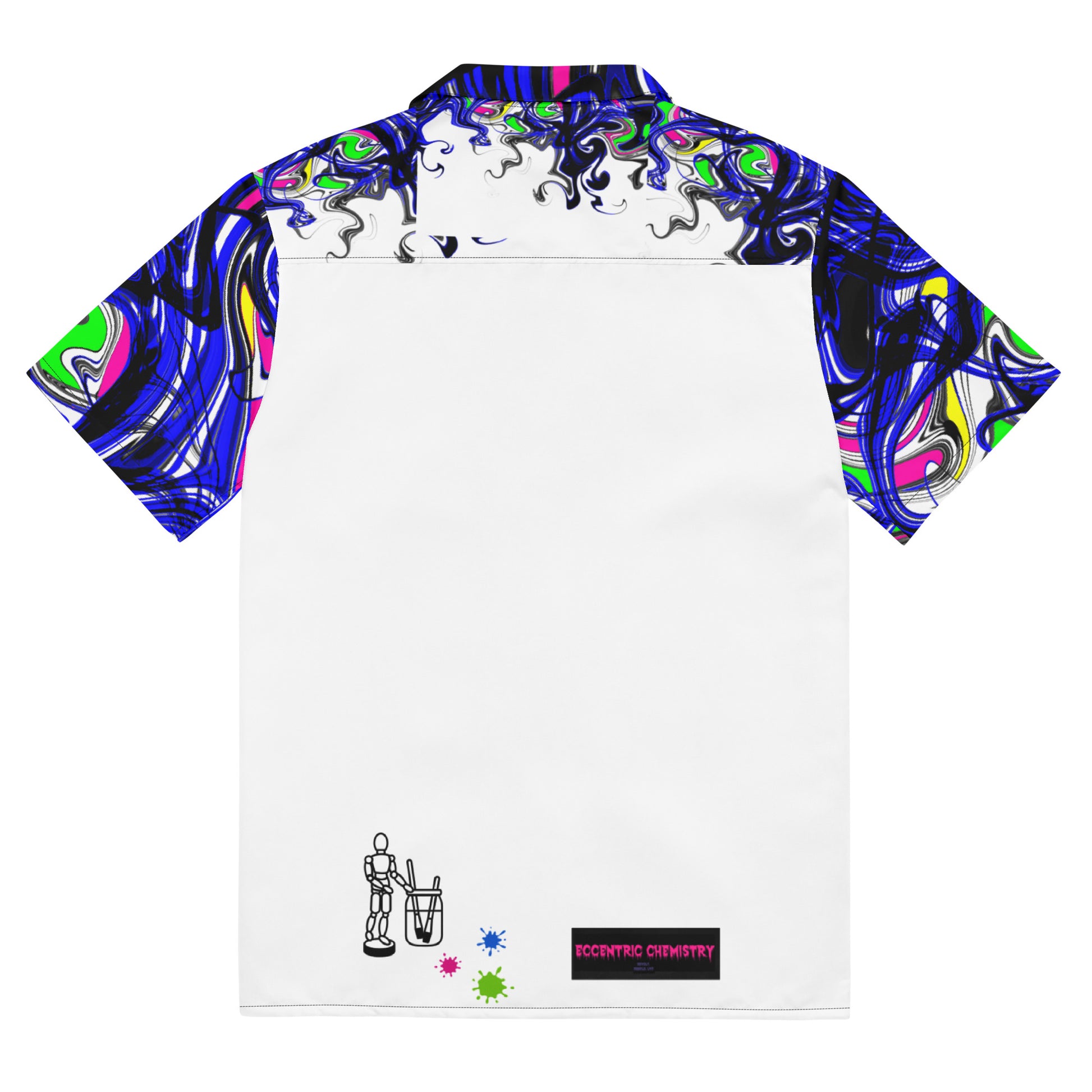 White unisex button shirt featuring a chromatic splatter mutation pattern from Eccentric Chemistry's Tiny Shop of T-Shirt Horrors.