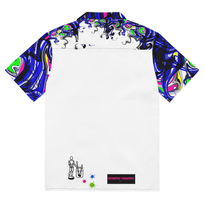 White unisex button shirt featuring a chromatic splatter mutation pattern from Eccentric Chemistry's Tiny Shop of T-Shirt Horrors.