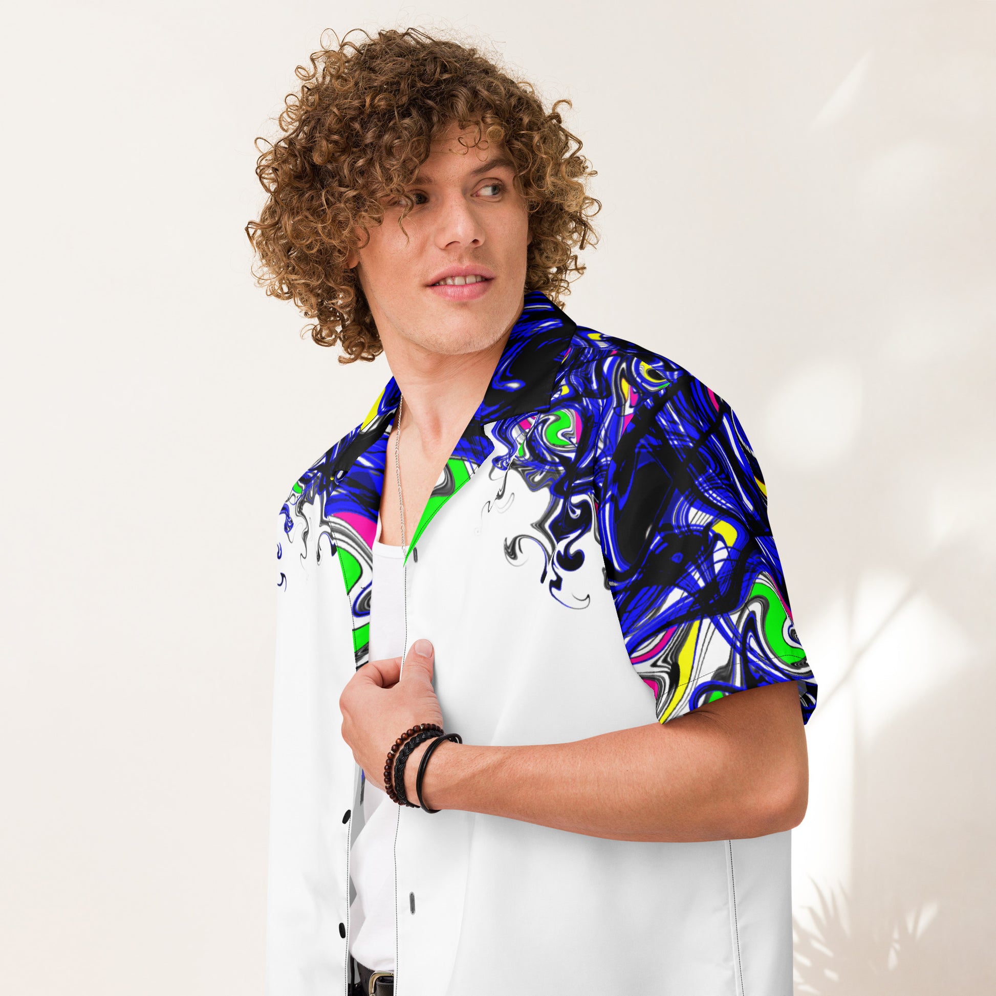 Unisex white button shirt featuring all-over chromatic splatter mutation design by Eccentric Chemistry's Tiny Shop of T-Shirt Horrors.