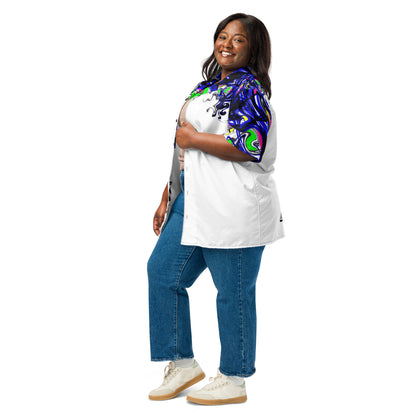 All-over print unisex button-up shirt featuring a white background with colorful chromatic splatter mutation pattern by Eccentric Chemistry.