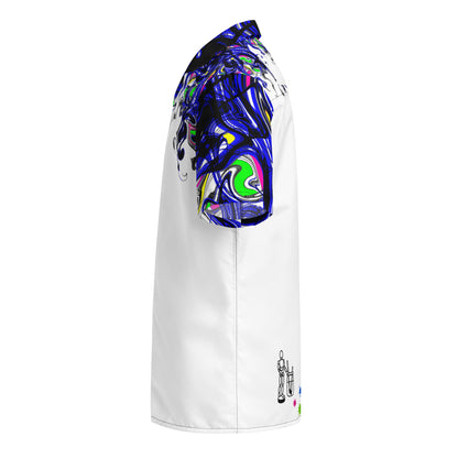 White unisex button-up shirt featuring colorful chromatic splatter mutation print by Eccentric Chemistry's Tiny Shop of T-Shirt Horrors.