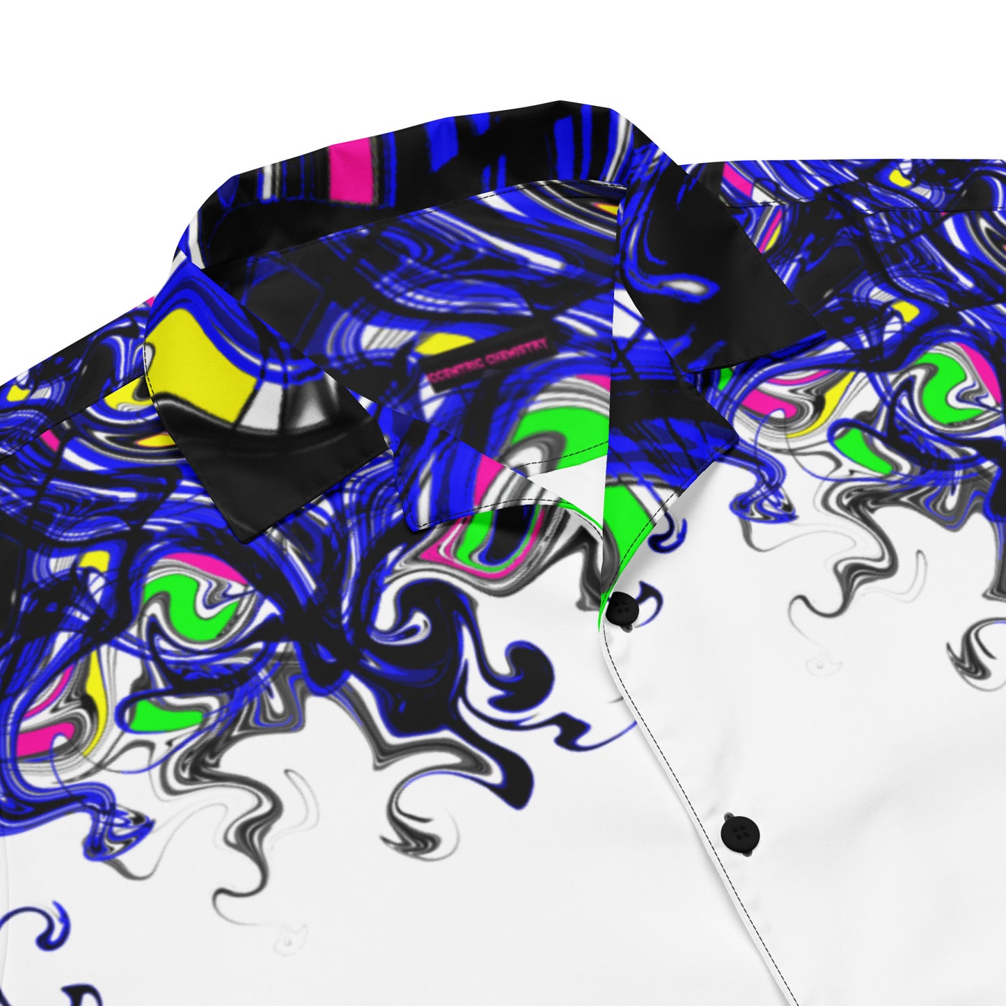 White unisex button-up shirt featuring colorful chromatic splatter mutation pattern from Eccentric Chemistry's Tiny Shop of T-Shirt Horrors.